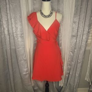 Impressions red A Line Wrap dress size L color red with ruffle accent.